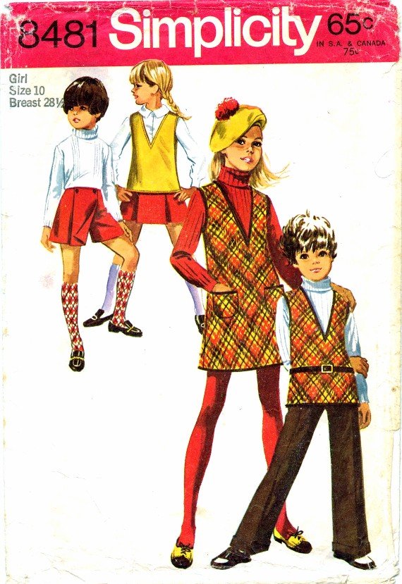 1960's Simplicity 8481 Girls Jumper Tunic Bell Bottom Pants Mini Pantskirt Sewing Pattern Size 10