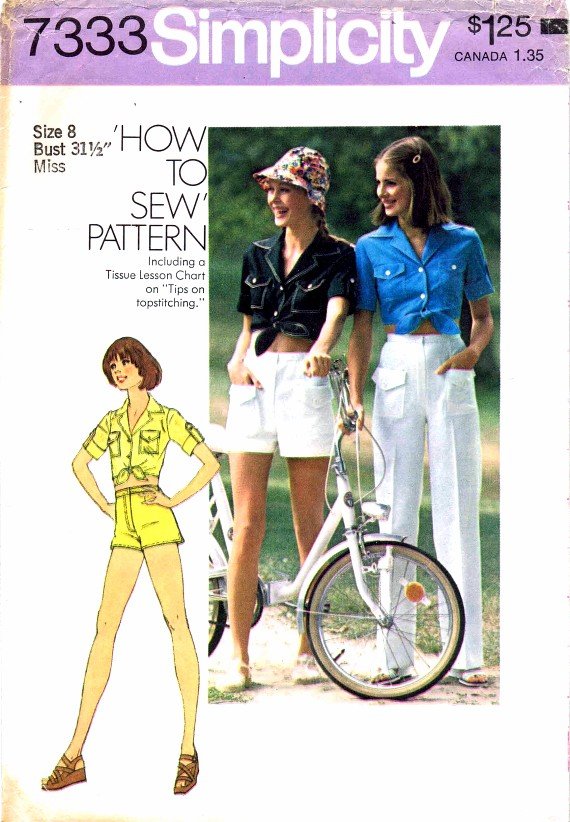1970's Simplicity 7333 Womens Shirt Pants Shorts Vintage Sewing Pattern Size 8 Bust 31 1/2