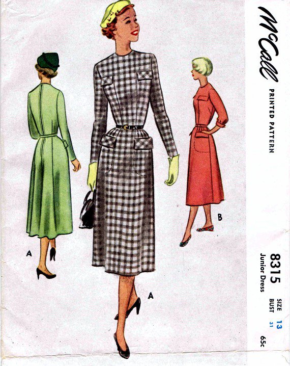 1950's McCall 8315 Junior Dress Vintage Sewing Pattern Size 13 Bust 31