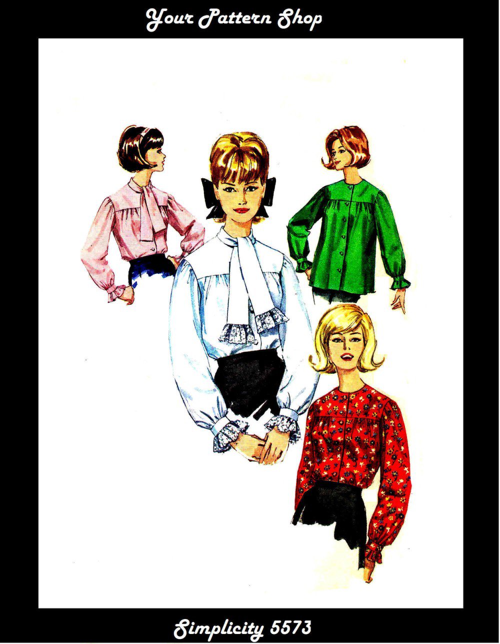 1960s Simplicity 5573 Womens Blouse Smock Tie Collar Vintage Sewing Pattern Size 12 Bust 32