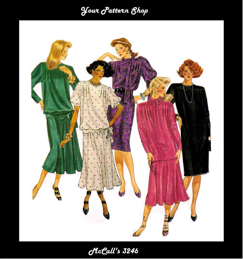 1980s McCall's 3264 Womens Dress Top Skirt Scarf Sewing Pattern Size 8 Bust 31 1/2