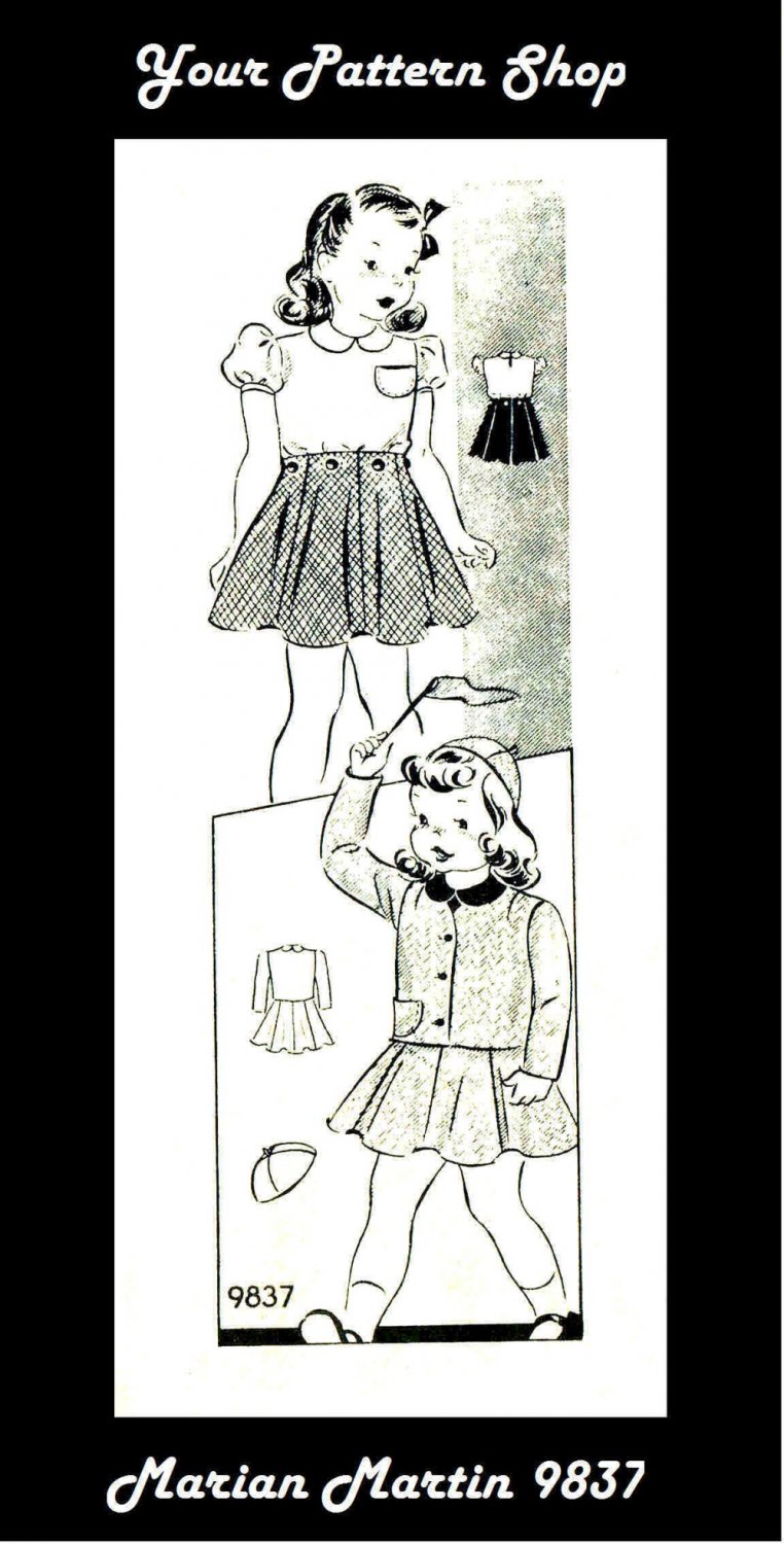 1940s Marian Martin 9837 Girls Blouse Skirt Jacket Cap Vintage Sewing Pattern Size 6