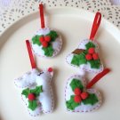 Christmas tree ornament - red set of 4 - rudolph heart bell circle - with holly laurel flower