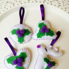 Christmas tree ornament - violet set of 4 - rudolph heart bell circle - with holly laurel flower