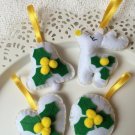Christmas tree ornament - yellow set of 4 - rudolph heart bell circle - with holly laurel flower