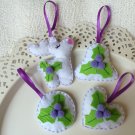 Christmas tree ornament - lavender set of 4 - rudolph heart bell circle - with holly laurel flower