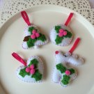 Christmas tree ornament - pink set of 4 - rudolph heart bell circle - with holly laurel flower