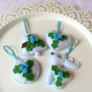 Christmas tree ornament - blue set of 4 - rudolph heart bell circle - with holly laurel flower