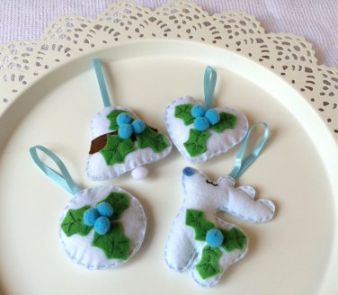 Christmas tree ornament - blue set of 4 - rudolph heart bell circle - with holly laurel flower