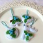 Christmas tree ornament - blue set of 4 - rudolph heart bell circle - with holly laurel flower
