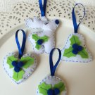 Christmas tree ornament - navy blue set of 4 - rudolph heart bell circle - with holly laurel flower