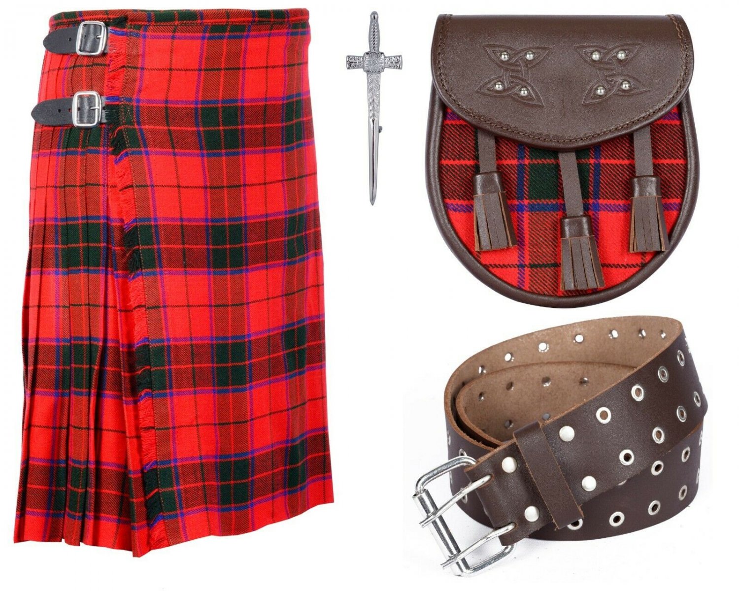 8 Yard Traditional Scottish Rose Tartan Kilt with Leather Belt and Sporran