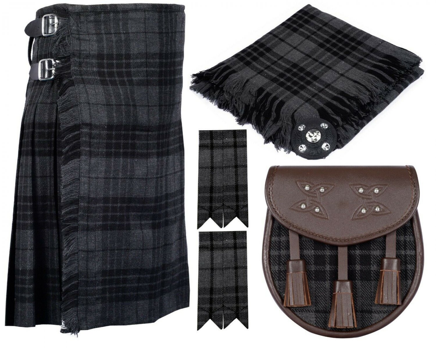 8 Yard Traditional Scottish Plaid Kilt with Accessories - Grey Watch Tartan
