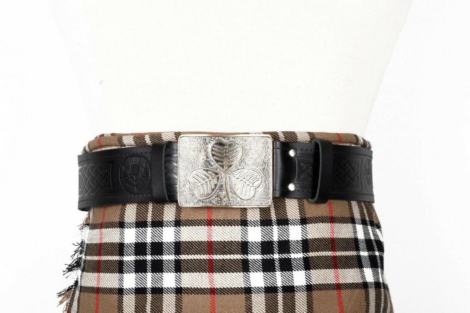 Thistle Embossed Black Leather-Traditional Scottish KILT BELT With BUCKLE