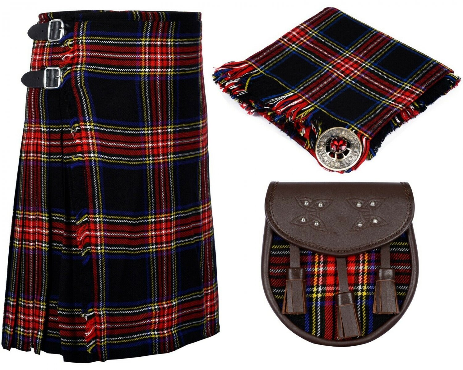 56 Inches Waist 8 Yard Traditional Scottish Plaid Kilt with Accessories - Black Stewart Tartan