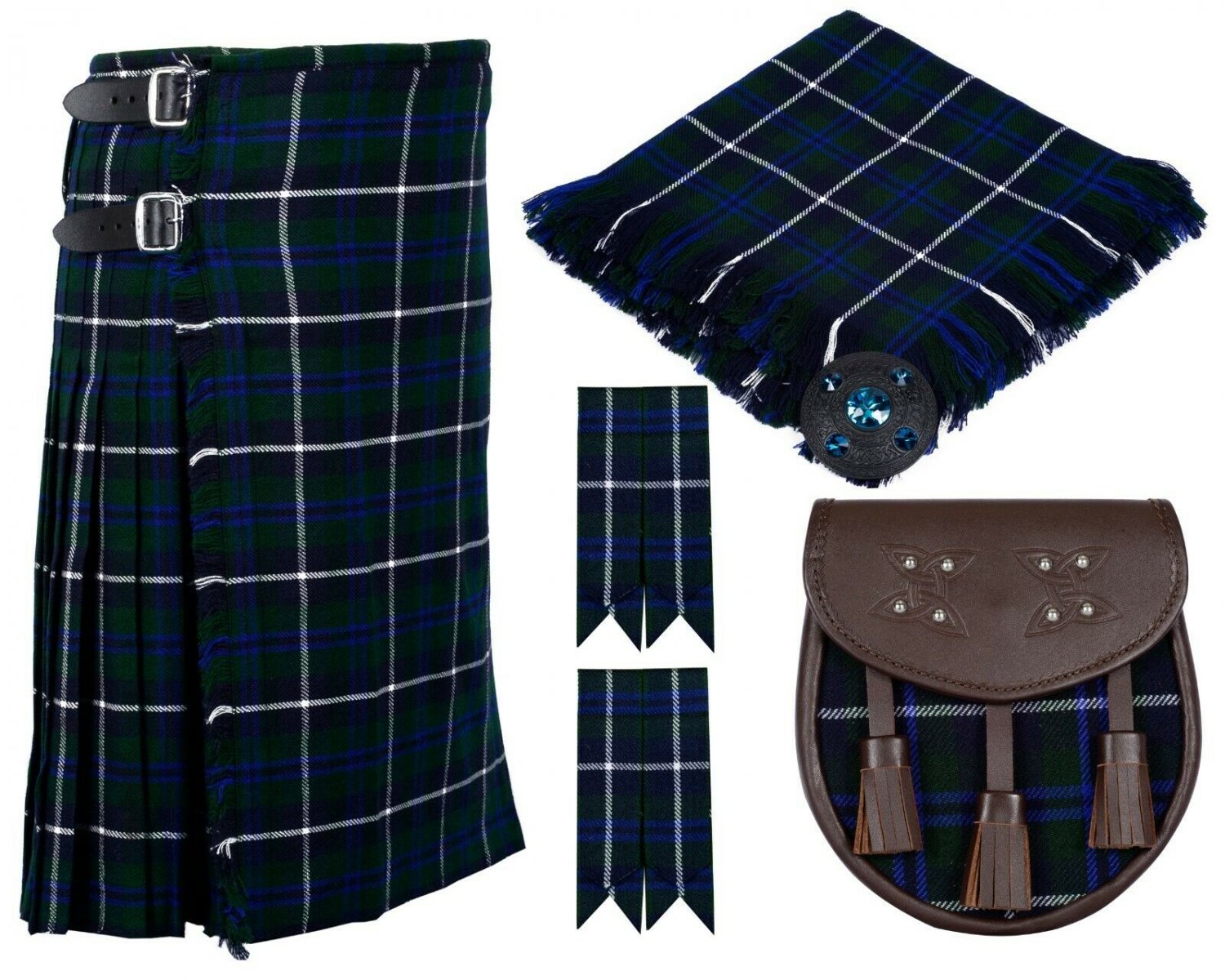 40 Inches Waist 8 Yard Traditional Scottish Plaid Kilt with Accessories - Blue Douglas Tartan