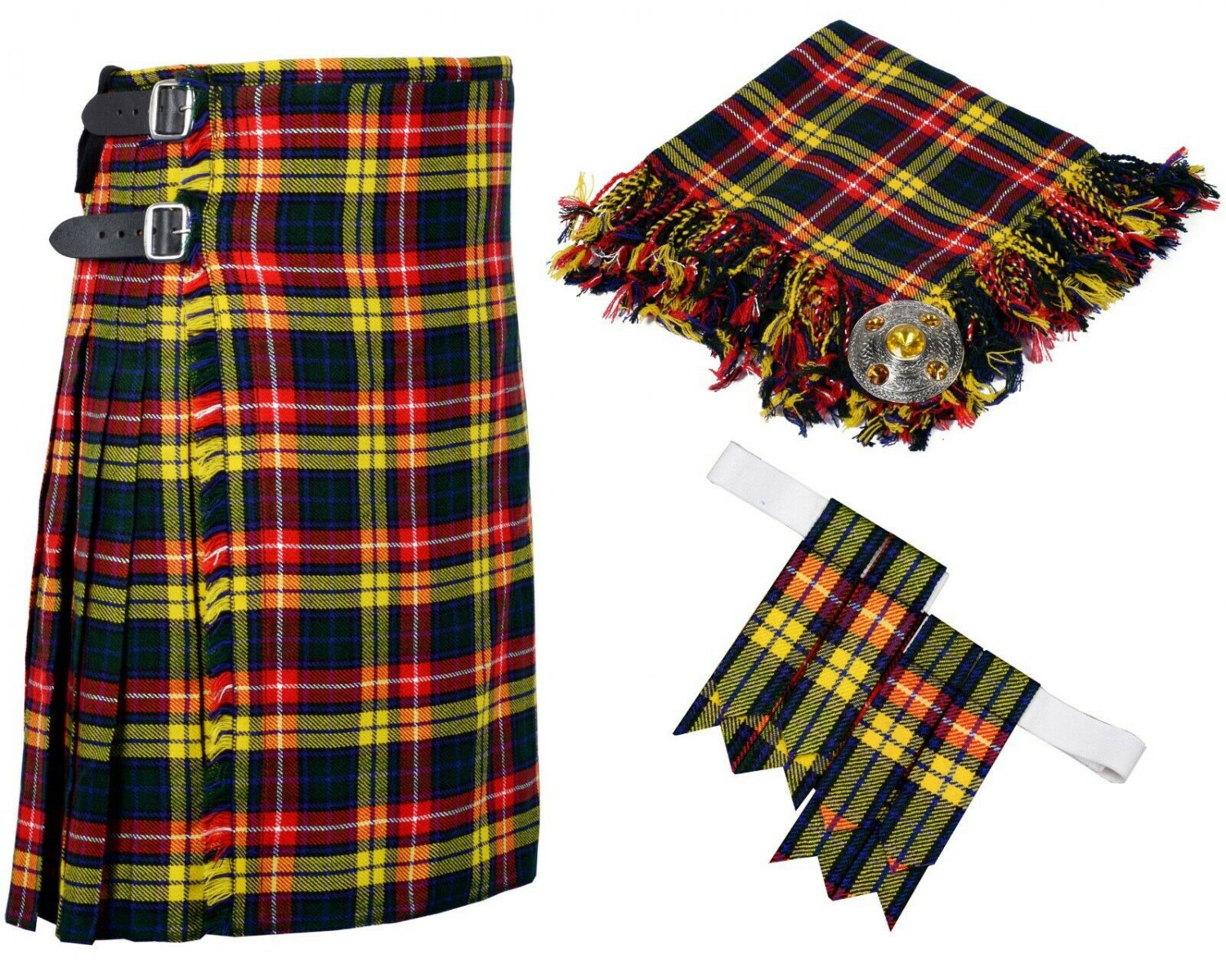 44 Inches Waist 8 Yard Traditional Scottish Plaid Kilt with Accessories - Buchnan Tartan