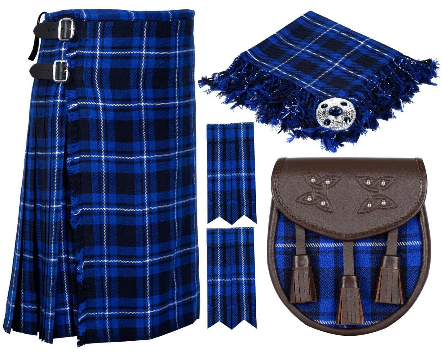 60 Inches Waist 8 Yard Traditional Scottish Tartan Kilt with Accessories - Ramsey Blue Tartan