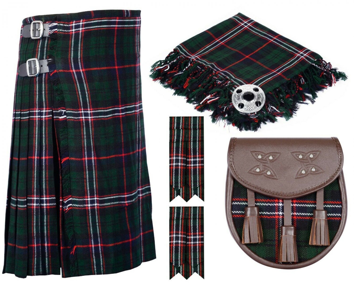 32 Inches Waist 8 Yard Traditional Scottish Tartan Kilt with Accessories - Scottish National