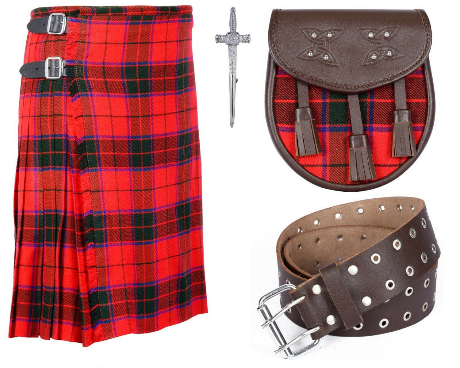 50 Inches Waist 8 Yard Traditional Scottish Rose Tartan Kilt with Leather Belt and Sporran