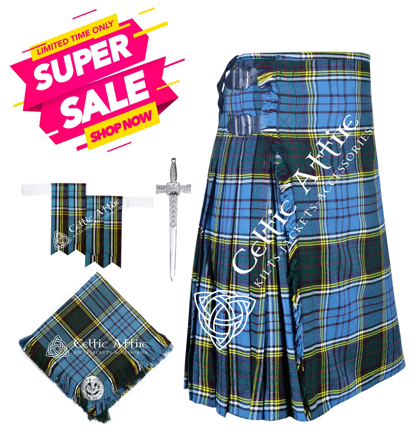 Scottish 8 Yard Tartan Kilt and Accessories Package Size 34 Anderson Tartan