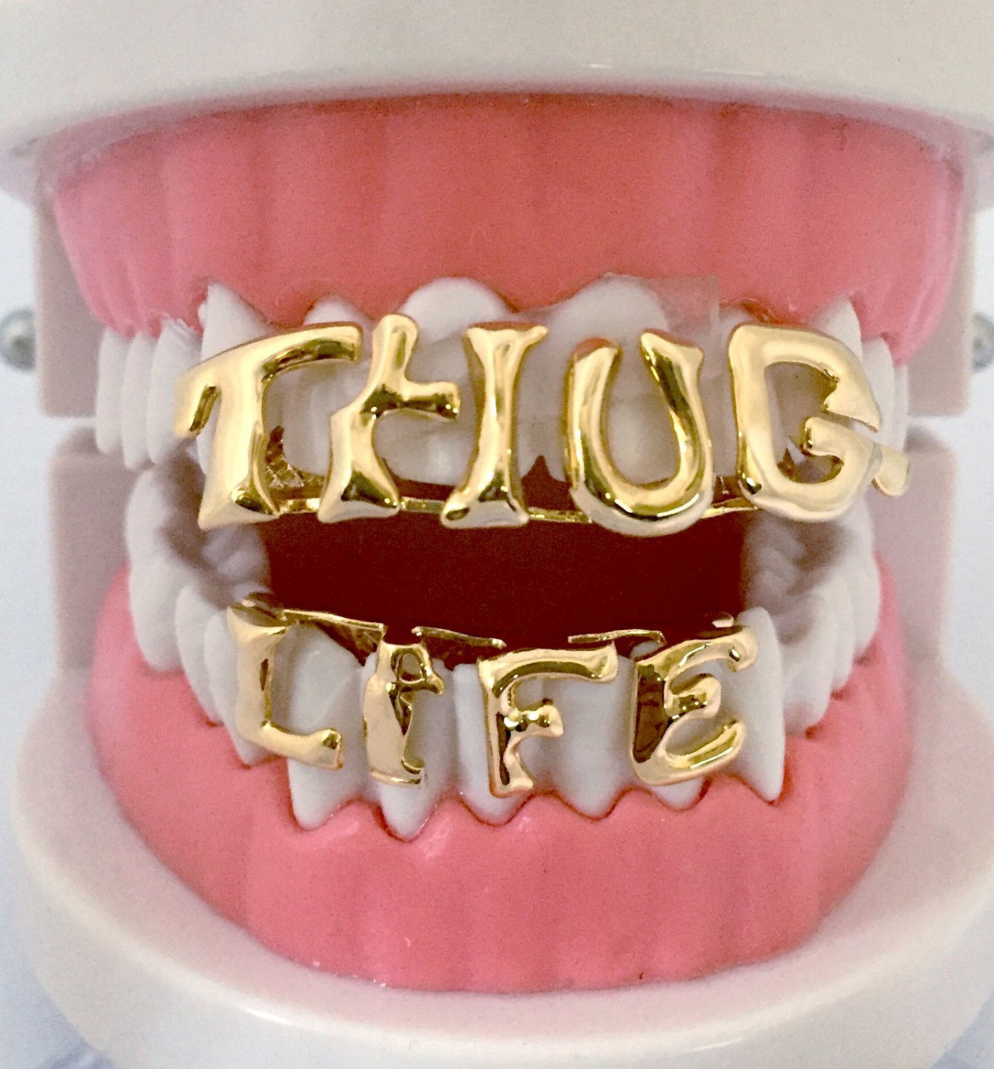 Custom THUG LIFE Hip Hop 14K Gold GP Teeth Top & Lower Bottom Grillz w