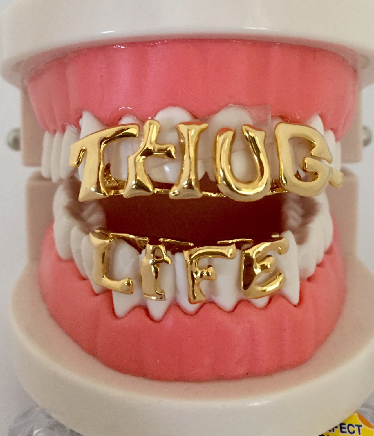 Custom Thug Life Hip Hop 14k Gold Gp Teeth Top And Lower Bottom Grillz W