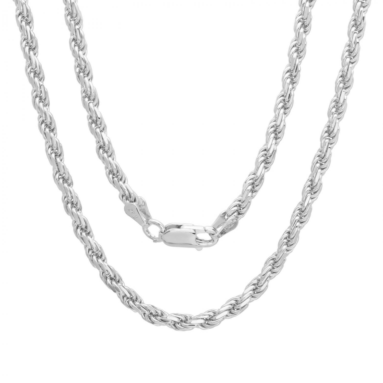 Mens Silver Solid Polished Rope Chain Necklace 4mm 30" w/ Lobster Clasp