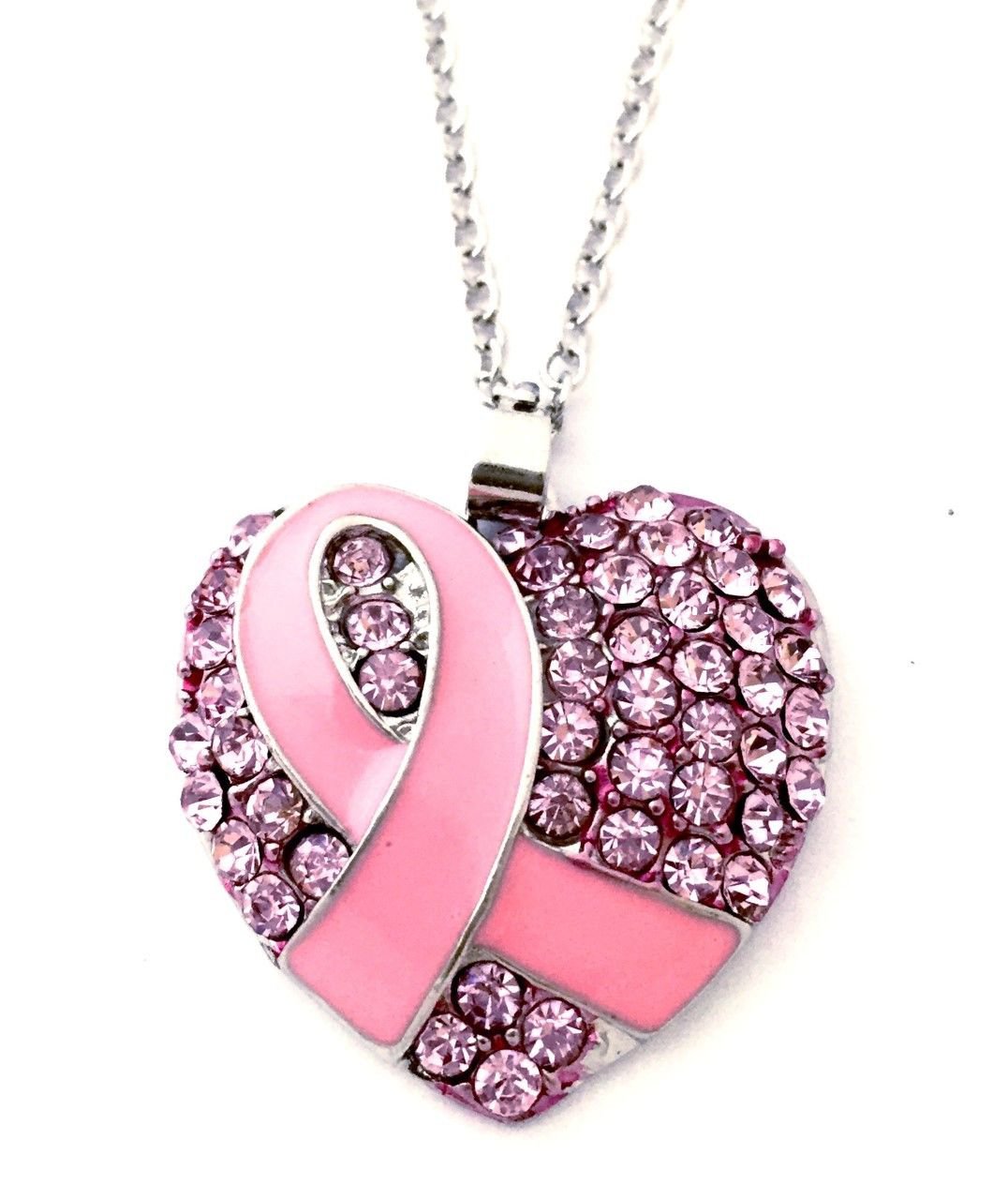 Pink Ribbon Breast Cancer Awareness Crystal Heart Pendant Necklace Silvertone 03