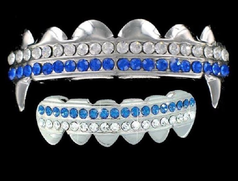 Silver Mouth Teeth Grills Grillz Fangs Top Bottom Set Bling Blue