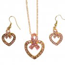 Pink Ribbon Breast Cancer Crystal Heart Pendant Necklace Earring Set 10pc Lot