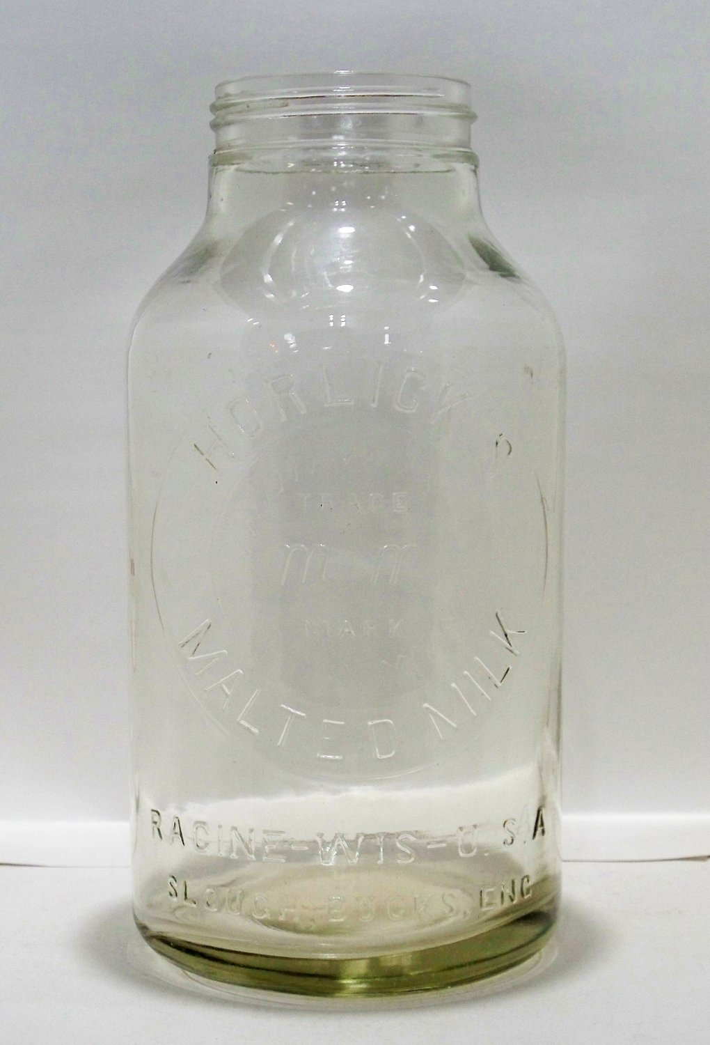 Horlick's Malted Milk clear jar no lid Racine - Wis. - U.S.A. Slough ...