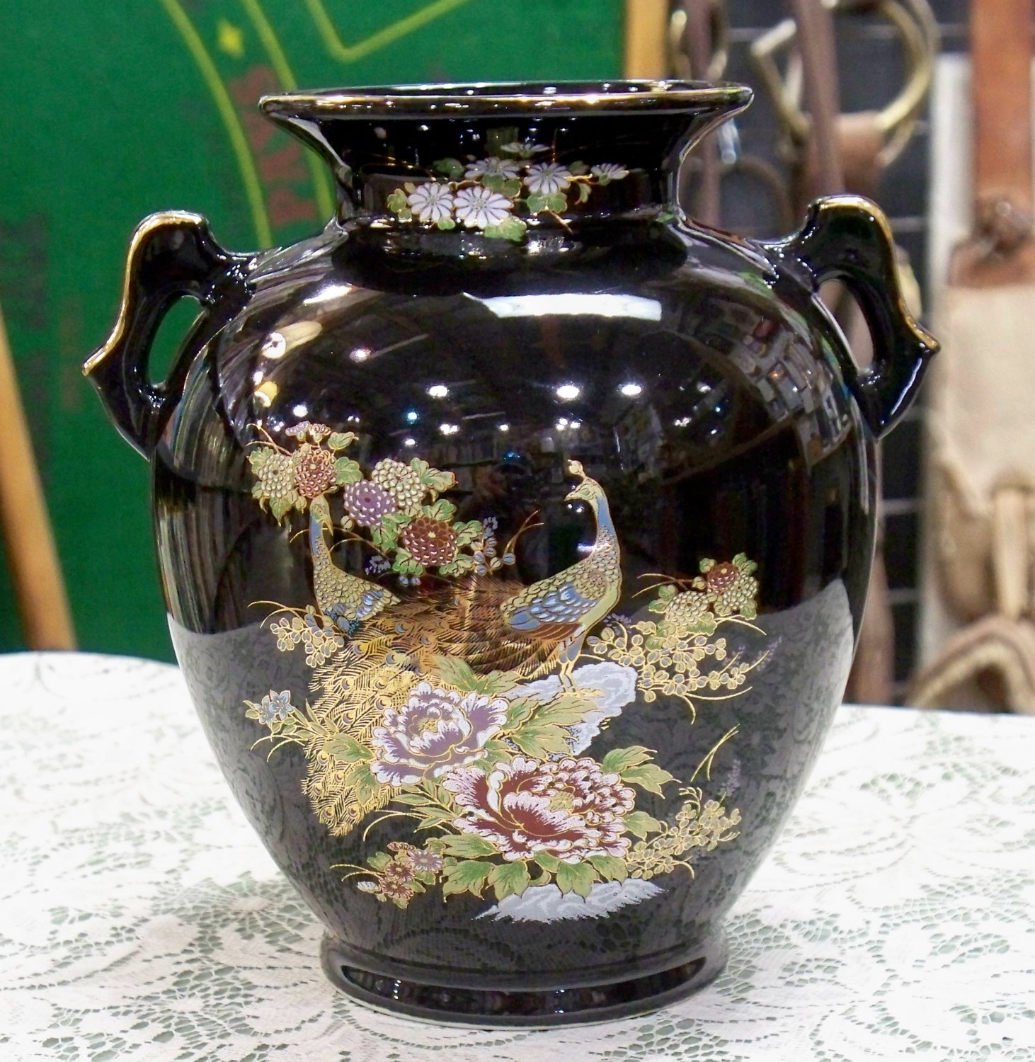 Made in Japan, black colored, Peacock picture, black vase