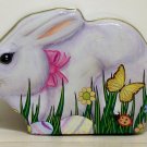 White Purplish Easter Bunny tin metal canister empty butterfly ladybugs