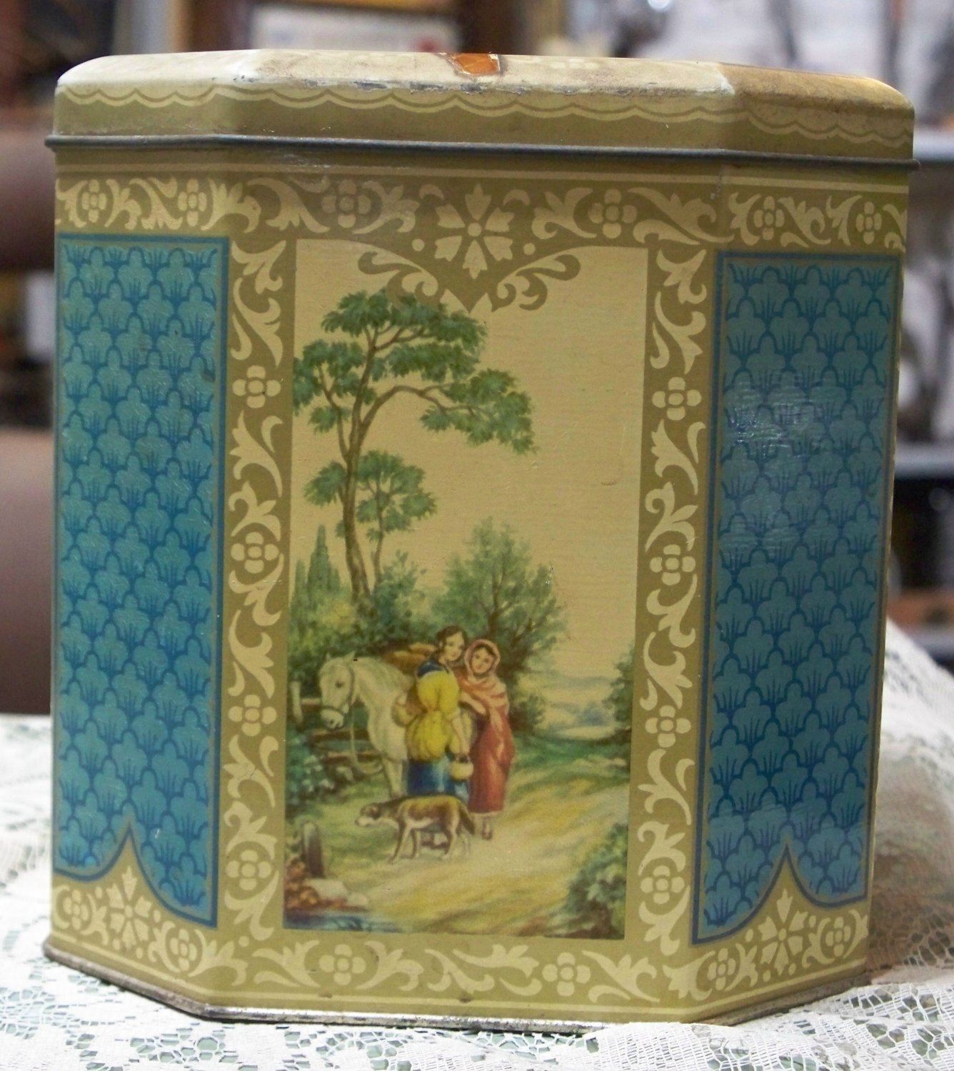 The Metal Box Company octagon shaped hinged lid vintage tin container used