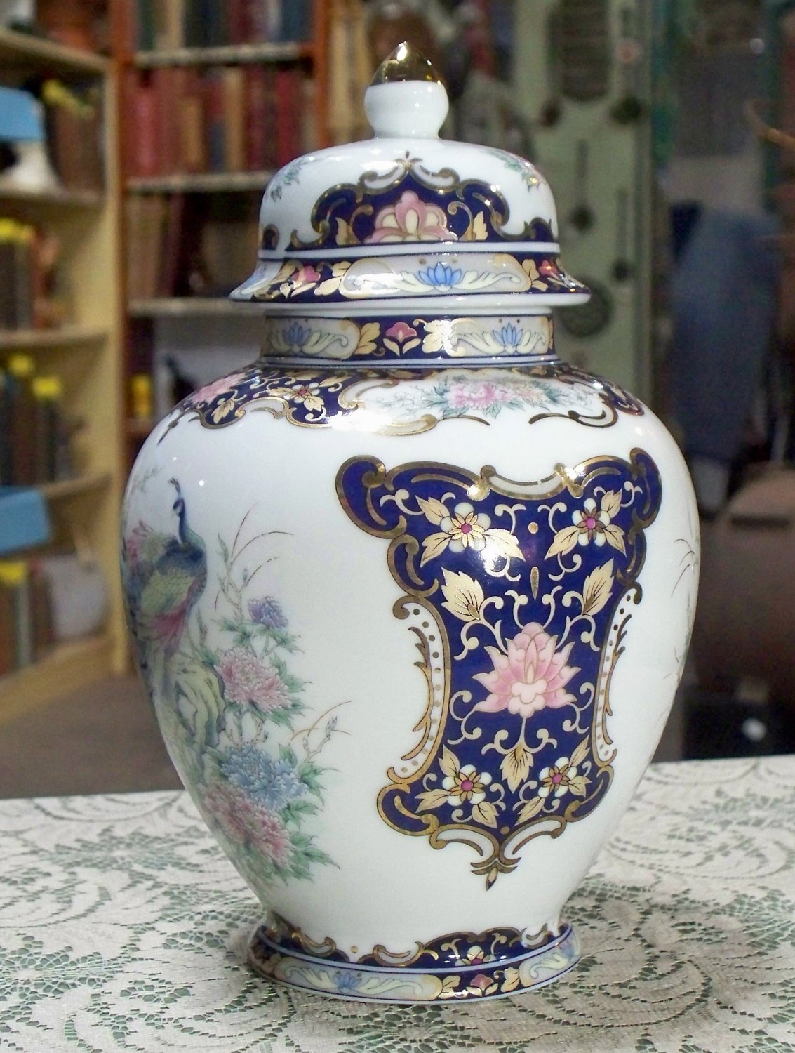 Made in Japan porcelain white vase with lid flowers and peacock design