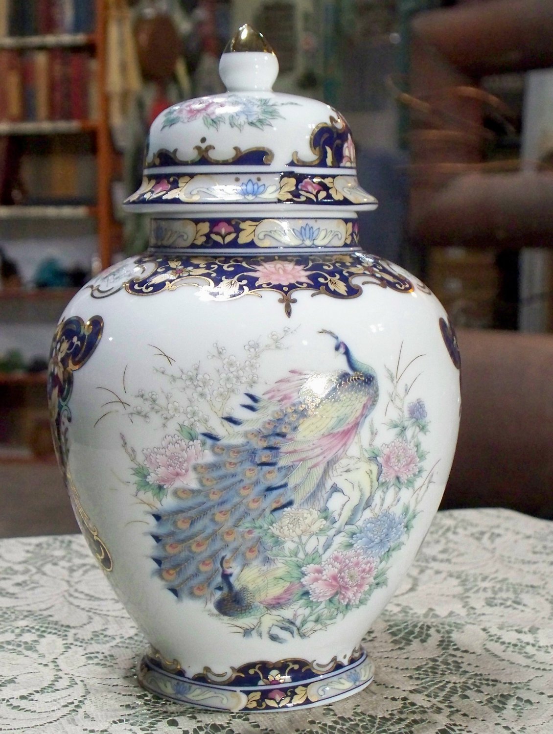 Made in Japan porcelain white vase with lid flowers and peacock design