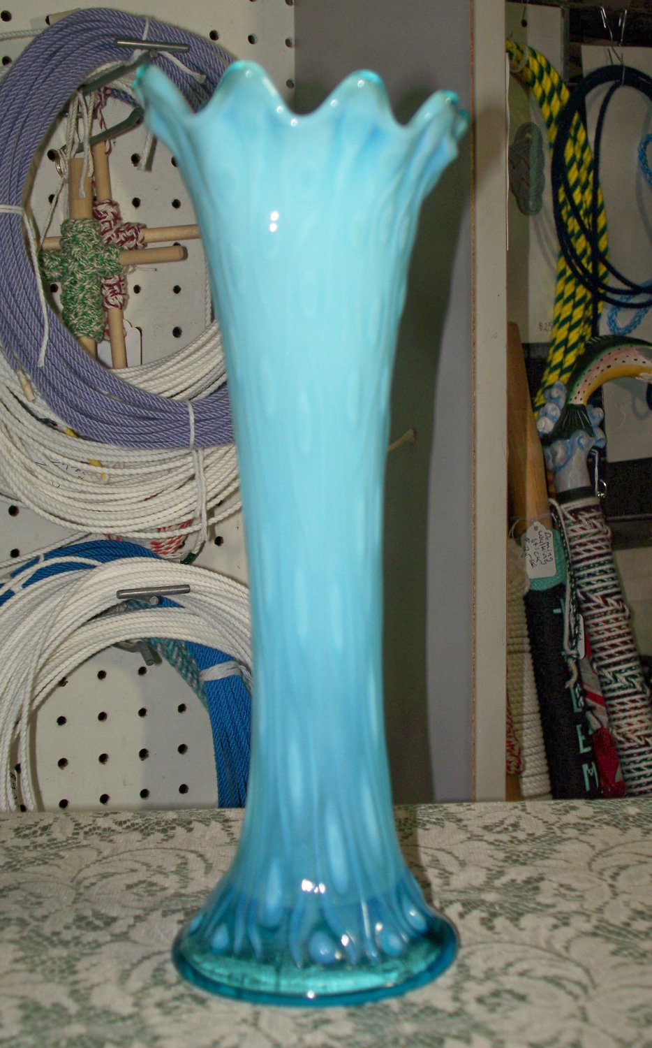 Tall fluted opalescent blue Swung? glass vase Possible Nothwood 10 1/2