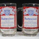 Budweiser clear glass mug style with full logo set of 2 used and empty vintage