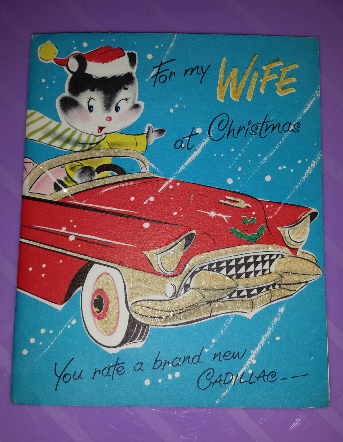 Adorable Vintage 1950s Christmas Greeting Card Booklet Red Cadillac