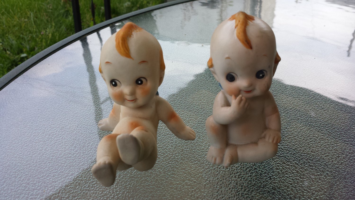 Antique 40s 50s Set of 2 Bisque Porcelain Kewpie Dolls Figurines w Blue