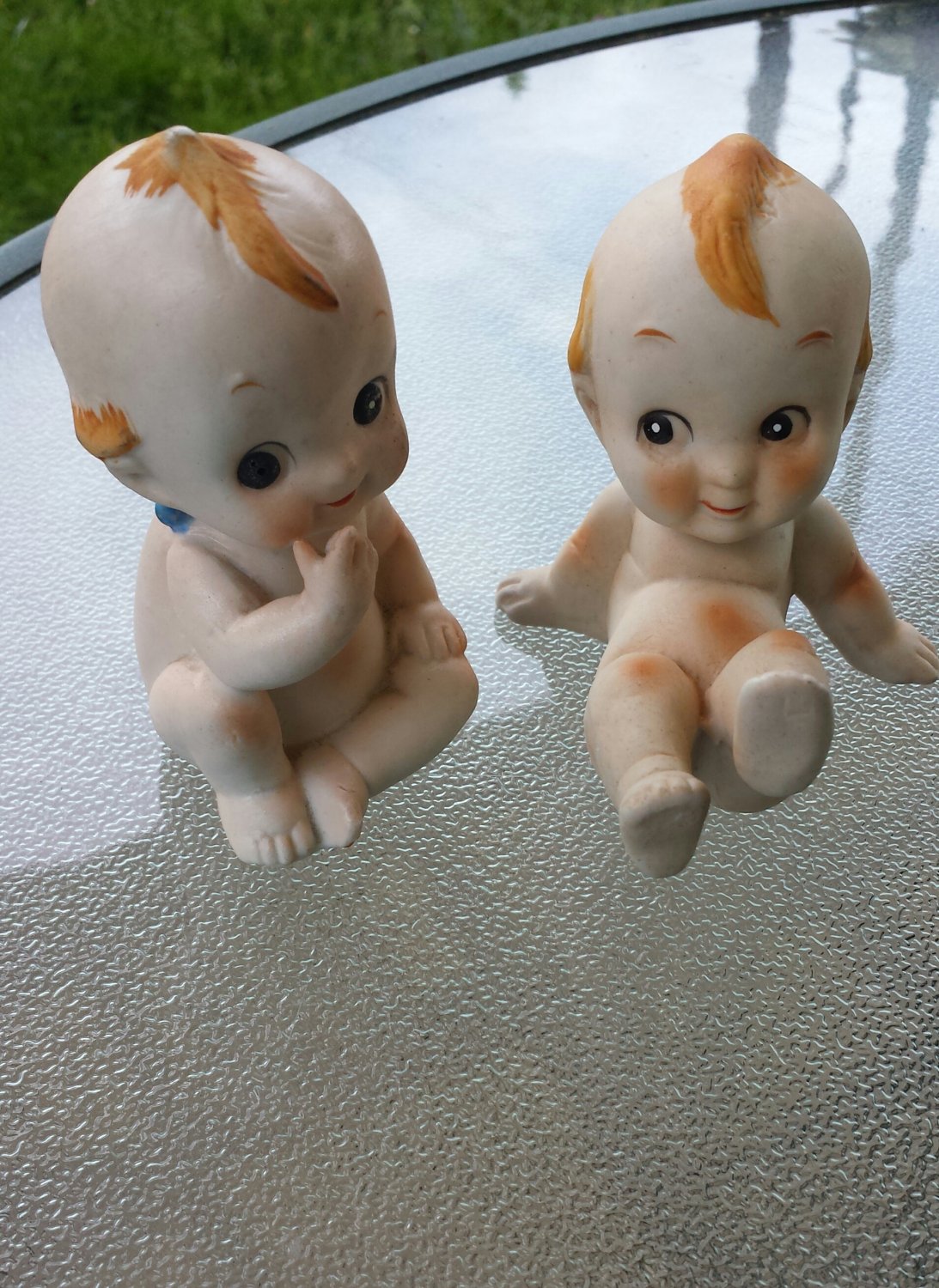 Antique 40s 50s Set of 2 Bisque Porcelain Kewpie Dolls Figurines w Blue