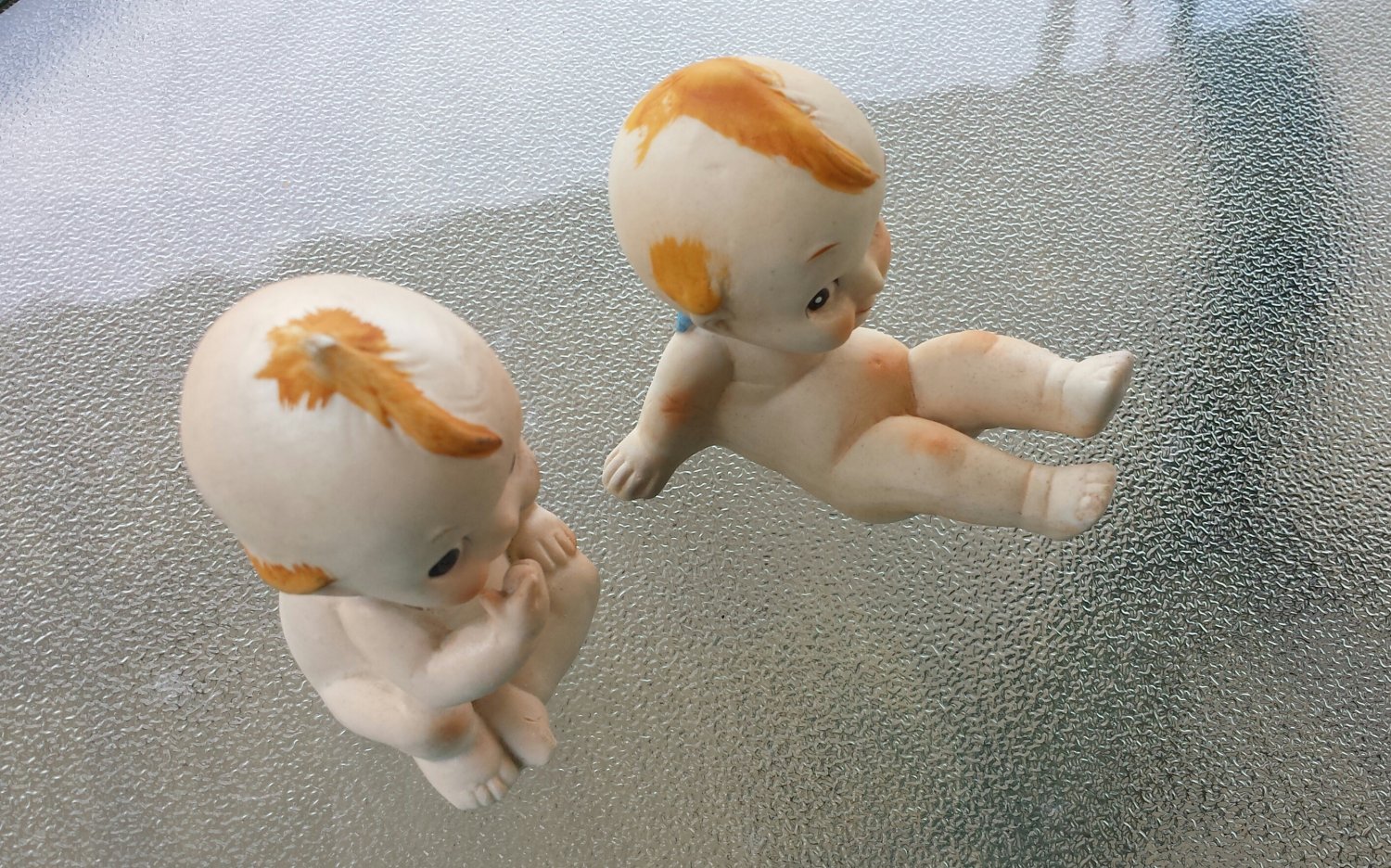 Antique 40s 50s Set of 2 Bisque Porcelain Kewpie Dolls Figurines w Blue