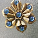 Antique 1930s Brass w/ Blue Cabochons Glamorous Flower Dress Clip