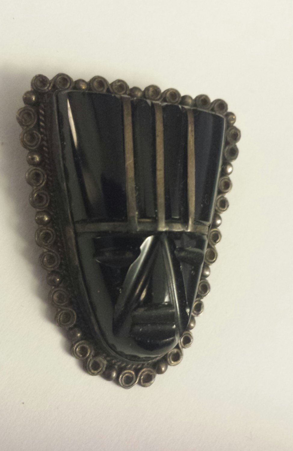Vintage 1950s Mexico Sterling Silver Carved Onyx Mayan Aztec Tribal Face Mask Pin Brooch