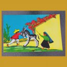 Vintage Mexican Folk Art boy and Girl with Donkey Framed Postcard Mexico 50s 60s