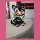 Vintage 1940s 1950s NORCREST Japan Tuxedo Cat Bank w Green Rhinestone Bow Ceramic 6” Figure