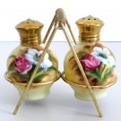 Enesco Japan Hand Painted Floral Salt Pepper Shakers in Stand Vintage Ceramic