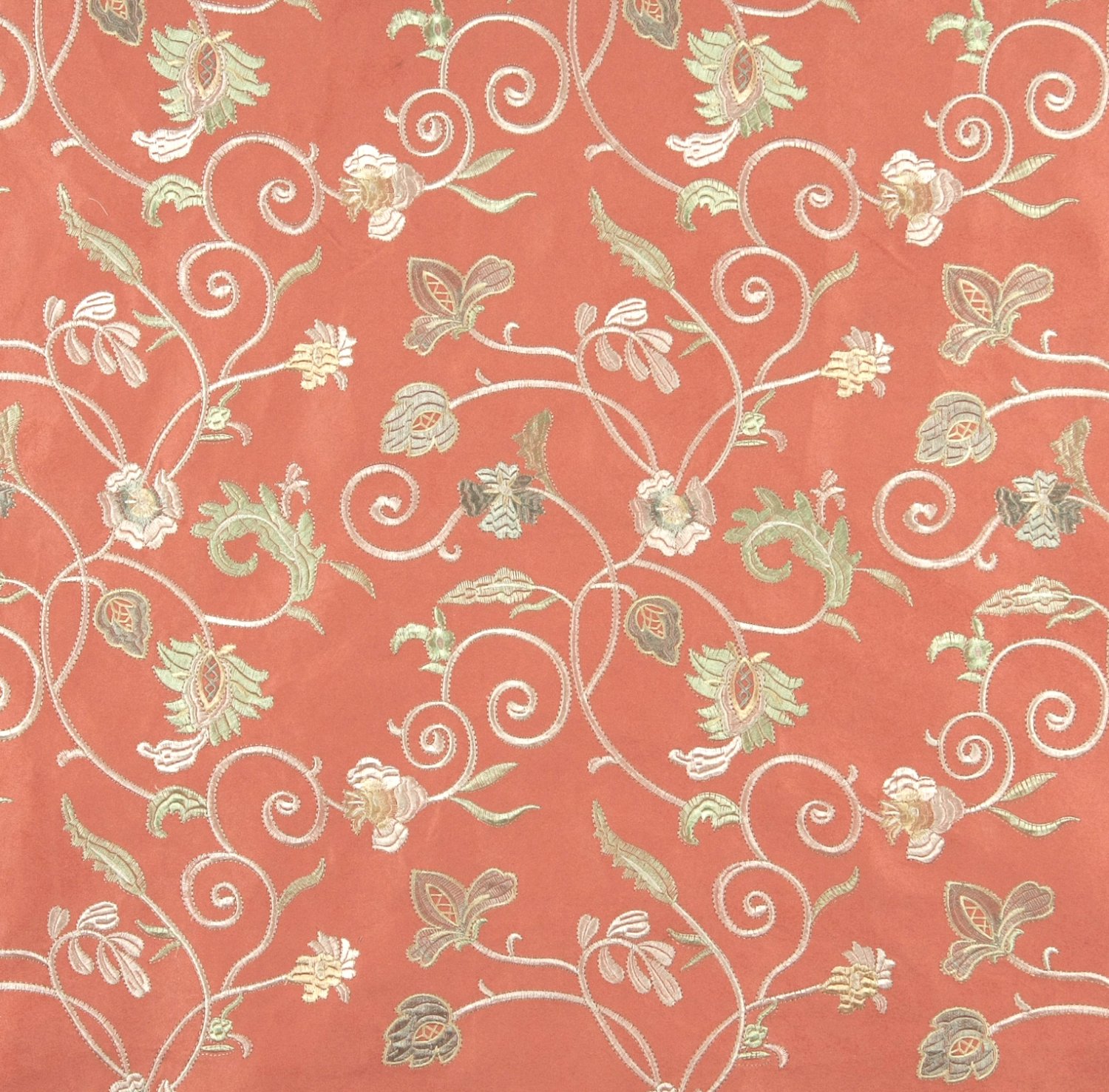 Persimmon Green Gold Ivory Suede Upholstery Fabric By The Yard Embroidered Floral Vines Pattern B103