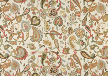 54"" Wide K0021B Green Red Yellow Off White Floral Paisley Contemporary Upholstery Fabric By The Yar